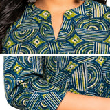 Detail view of Women's Geometric Hand Block Print Pure Cotton Shirt Style Kurti highlighting the stand collar, wooden buttons, handcrafted geometric print, and premium cotton fabric.