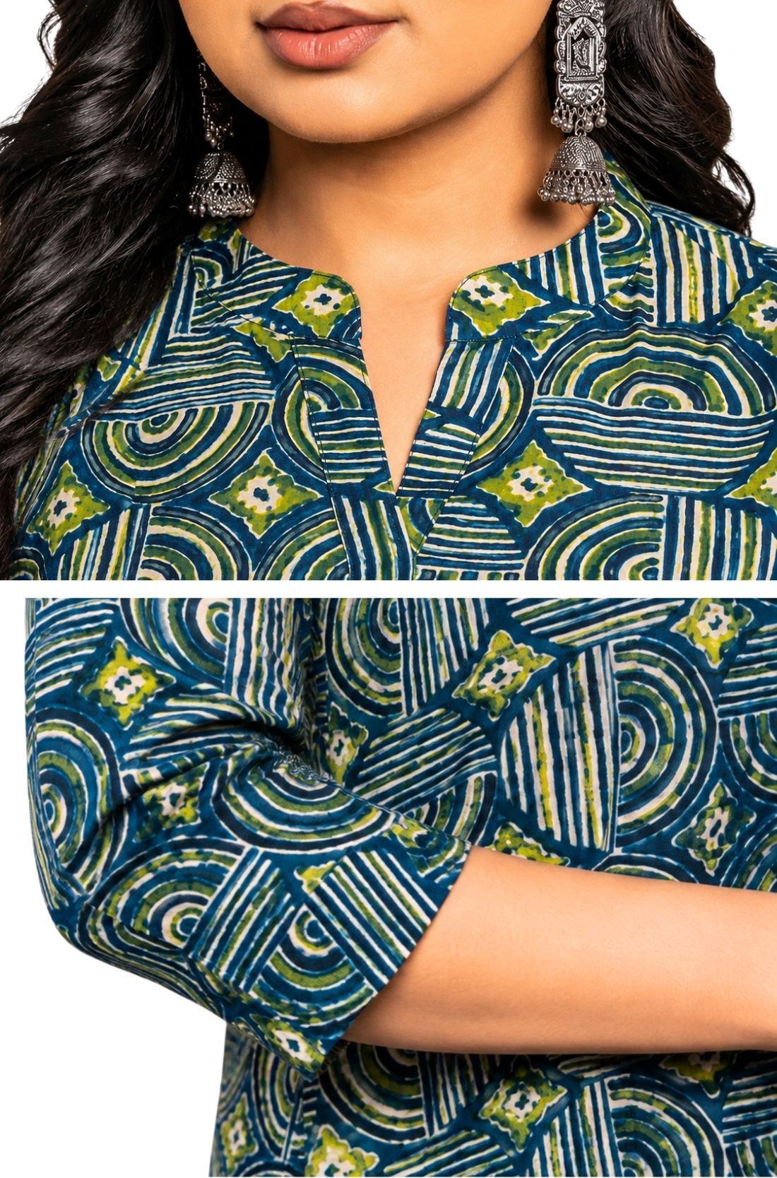 Detail view of Women's Geometric Hand Block Print Pure Cotton Shirt Style Kurti highlighting the stand collar, wooden buttons, handcrafted geometric print, and premium cotton fabric.