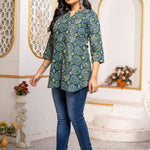 Side profile of Women's Geometric Hand Block Print Pure Cotton Shirt Style Kurti in blue and olive green with a relaxed silhouette and artisan-inspired geometric print.