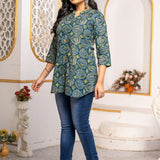 Side profile of Women's Geometric Hand Block Print Pure Cotton Shirt Style Kurti in blue and olive green with a relaxed silhouette and artisan-inspired geometric print.