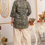 Back view of Women's Geometric Hand Block Print Pure Cotton Shirt Style Kurti in forest green and rust orange displaying an all-over handcrafted geometric block print and hip-covering silhouette.