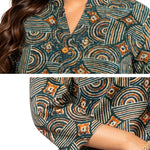 Detail view of Women's Geometric Hand Block Print Pure Cotton Shirt Style Kurti highlighting the stand collar, wooden buttons, handcrafted geometric print, 3/4 sleeves, and premium pure cotton fabric.