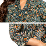 Detail view of Women's Geometric Hand Block Print Pure Cotton Shirt Style Kurti highlighting the stand collar, wooden buttons, handcrafted geometric print, 3/4 sleeves, and premium pure cotton fabric.
