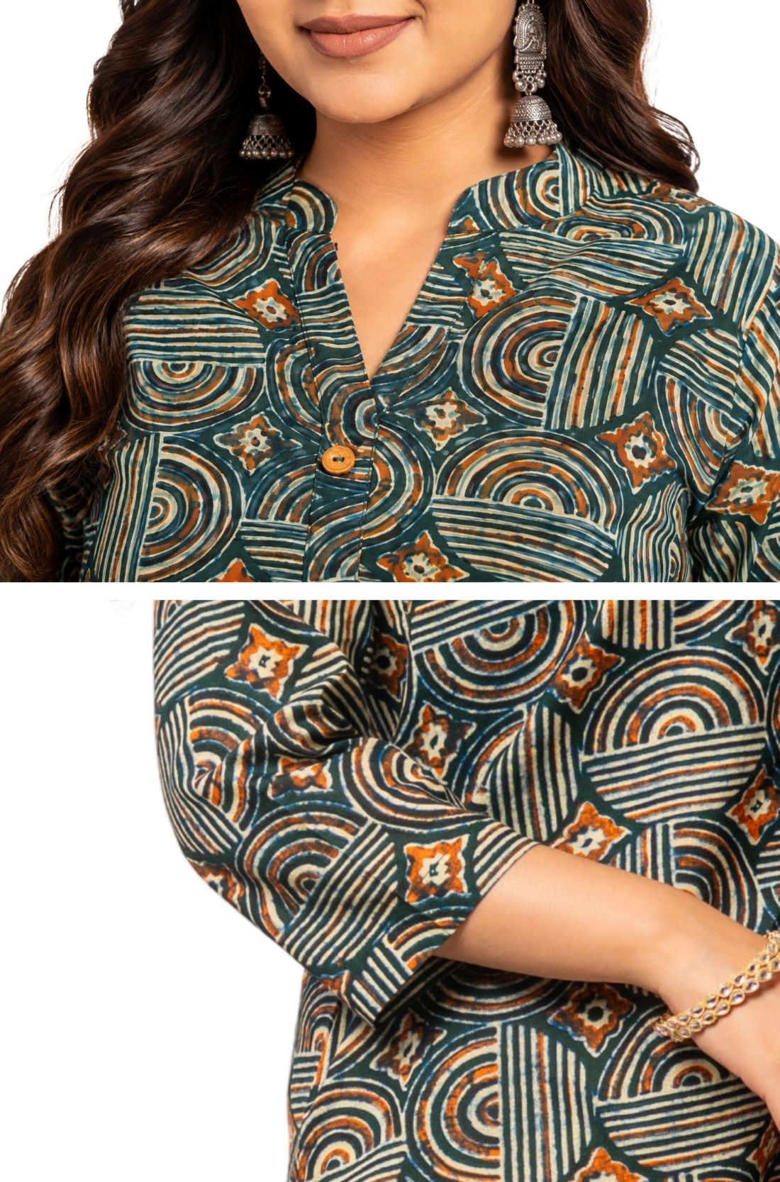 Detail view of Women's Geometric Hand Block Print Pure Cotton Shirt Style Kurti highlighting the stand collar, wooden buttons, handcrafted geometric print, 3/4 sleeves, and premium pure cotton fabric.