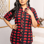 Close-up of Women's Geometric Hand Block Print Pure Cotton Shirt Style Kurti showcasing handcrafted geometric block print, stand collar, and wooden button placket in pure cotton.