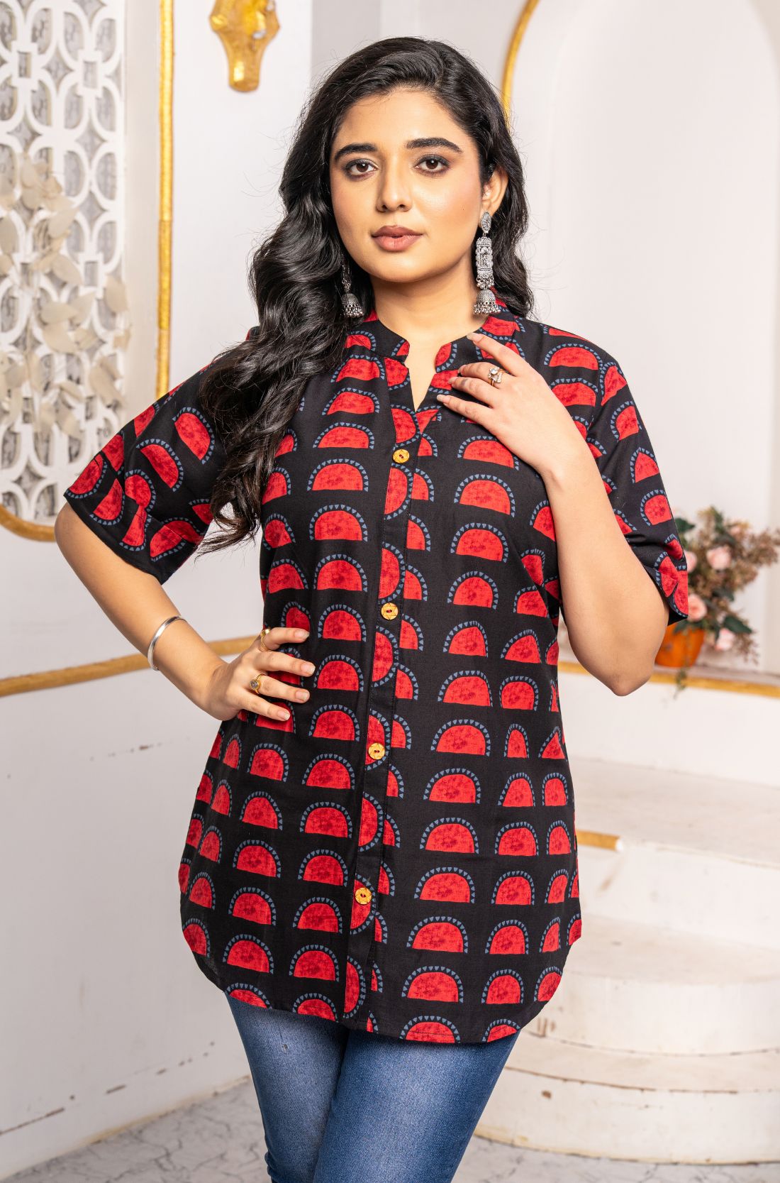 Close-up of Women's Geometric Hand Block Print Pure Cotton Shirt Style Kurti showcasing handcrafted geometric block print, stand collar, and wooden button placket in pure cotton.