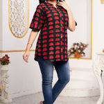 Women's Geometric Hand Block Print Pure Cotton Shirt Style Kurti in black and red featuring a stand collar, wooden button placket, 3/4 sleeves, and a relaxed hip-covering fit paired with blue jeans.