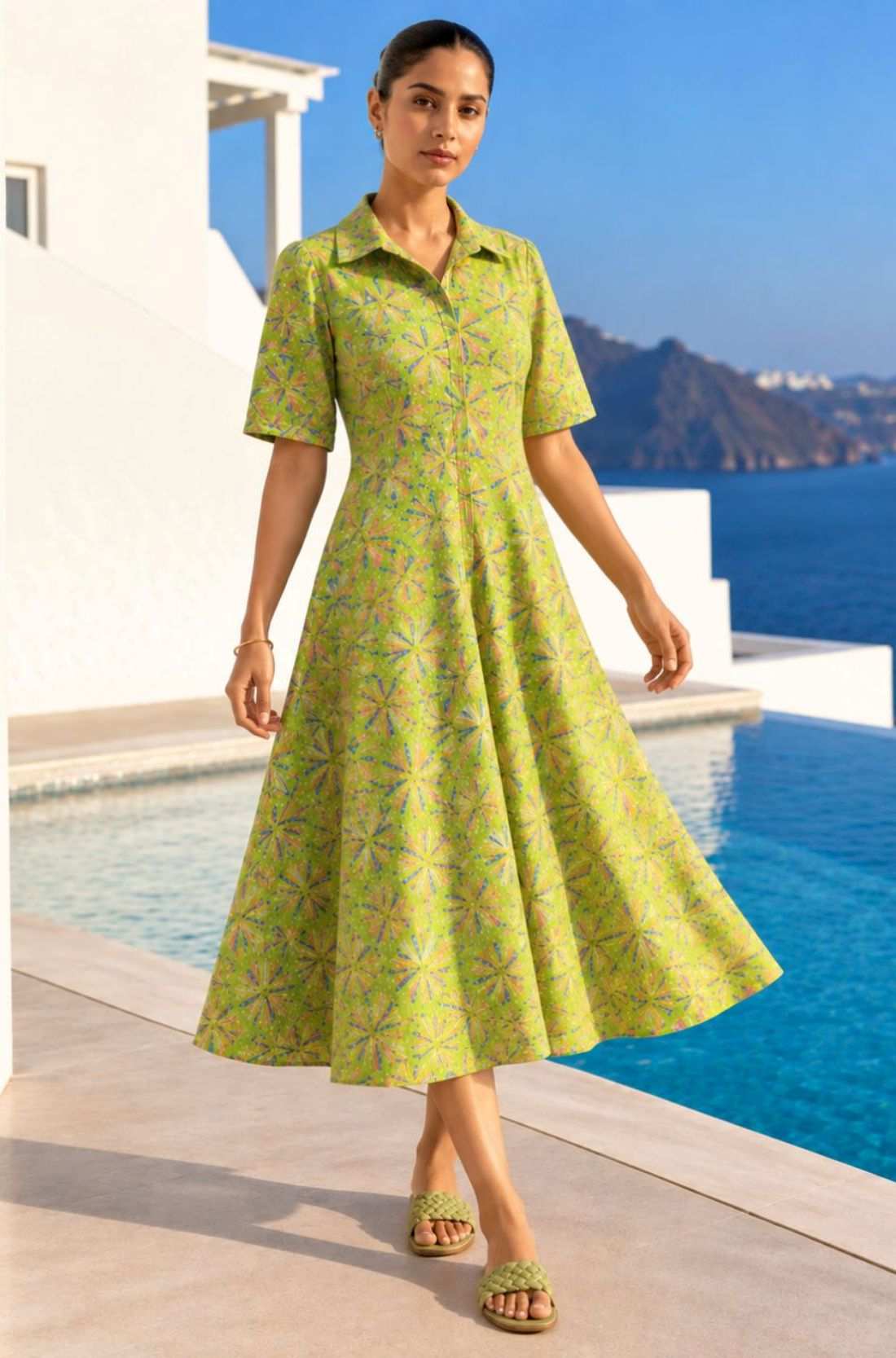 Front view of a woman wearing a light green floral printed pure cotton frock-style kurti with short sleeves.