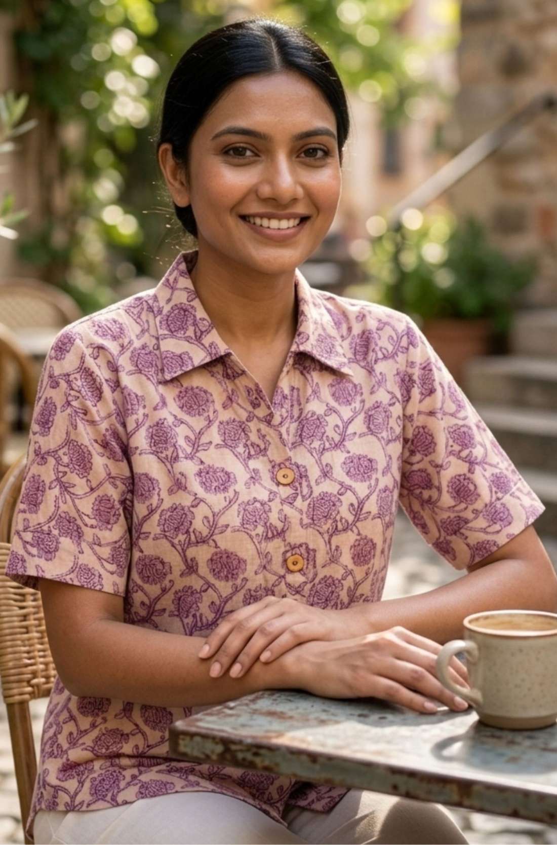 Women's blush pink floral hand block print cotton shirt styled casually while seated at an outdoor café.