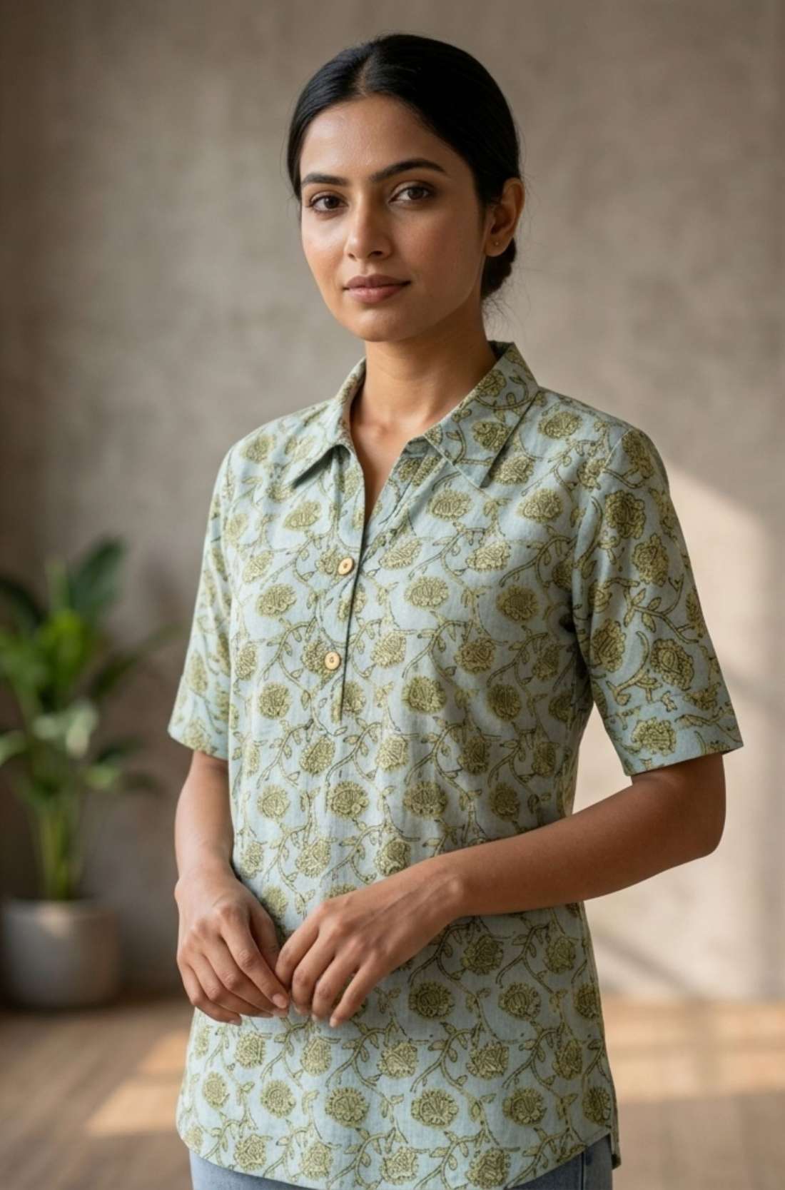 Front close-up of a women's mint green floral block print cotton shirt with wooden buttons and classic collar.