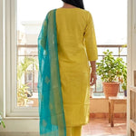 Back view of the straight fit yellow cotton embroidered kurta showing the fit and the printed dupatta drop
