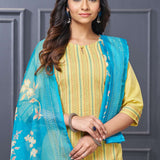 Close up view of the intricate front yoke design showcasing detailed multicolor floral thread embroidery alongside fine vertical pintucks on a premium yellow cotton kurta set
