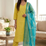 Front full length view of a model in a yellow pure cotton kurta set featuring pink thread embroidery lines, paired with straight pants and a matching printed dupatta