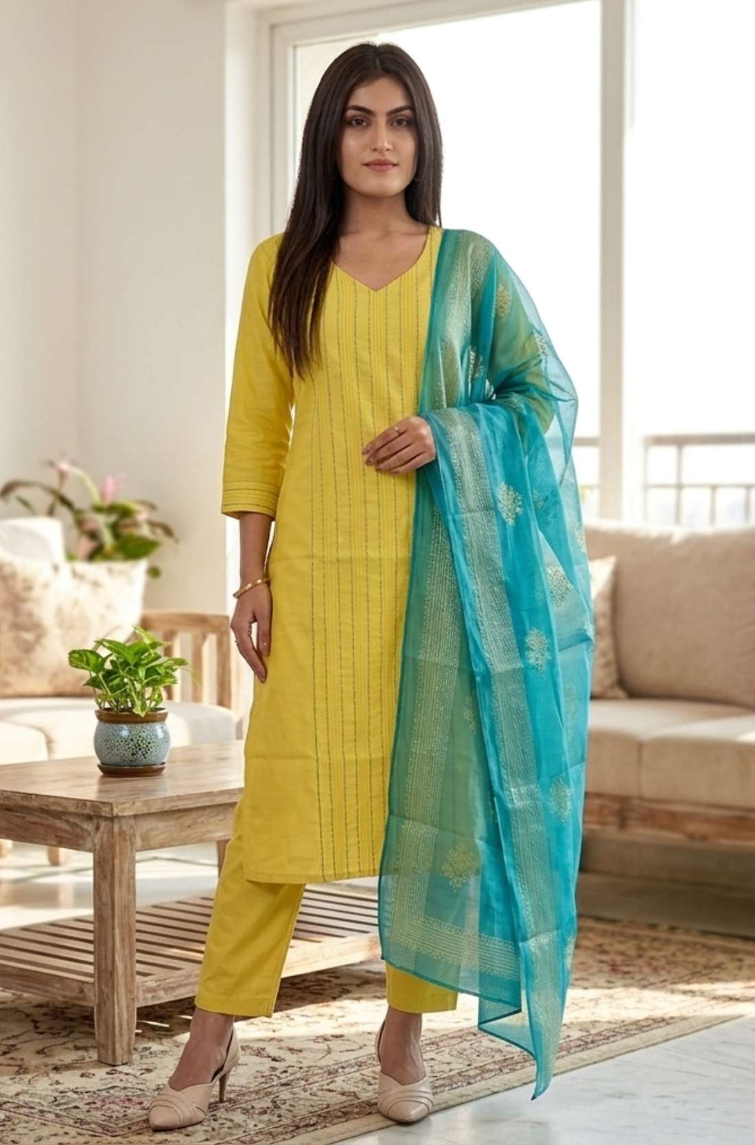 Front full length view of a model in a yellow pure cotton kurta set featuring pink thread embroidery lines, paired with straight pants and a matching printed dupatta