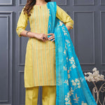 Front full length view of a model wearing a yellow pure cotton kurta set featuring vertical pintucks and vibrant multicolor thread embroidery on the neckline, paired with straight trousers and a matching printed dupatta