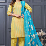Front full length view of a model wearing a yellow pure cotton kurta set featuring vertical pintucks and vibrant multicolor thread embroidery on the neckline, paired with straight trousers and a matching printed dupatta
