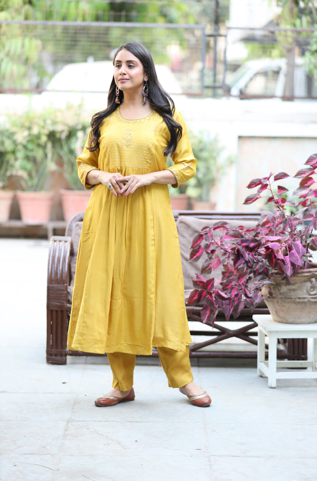 Art silk yellow flared kurta with pant