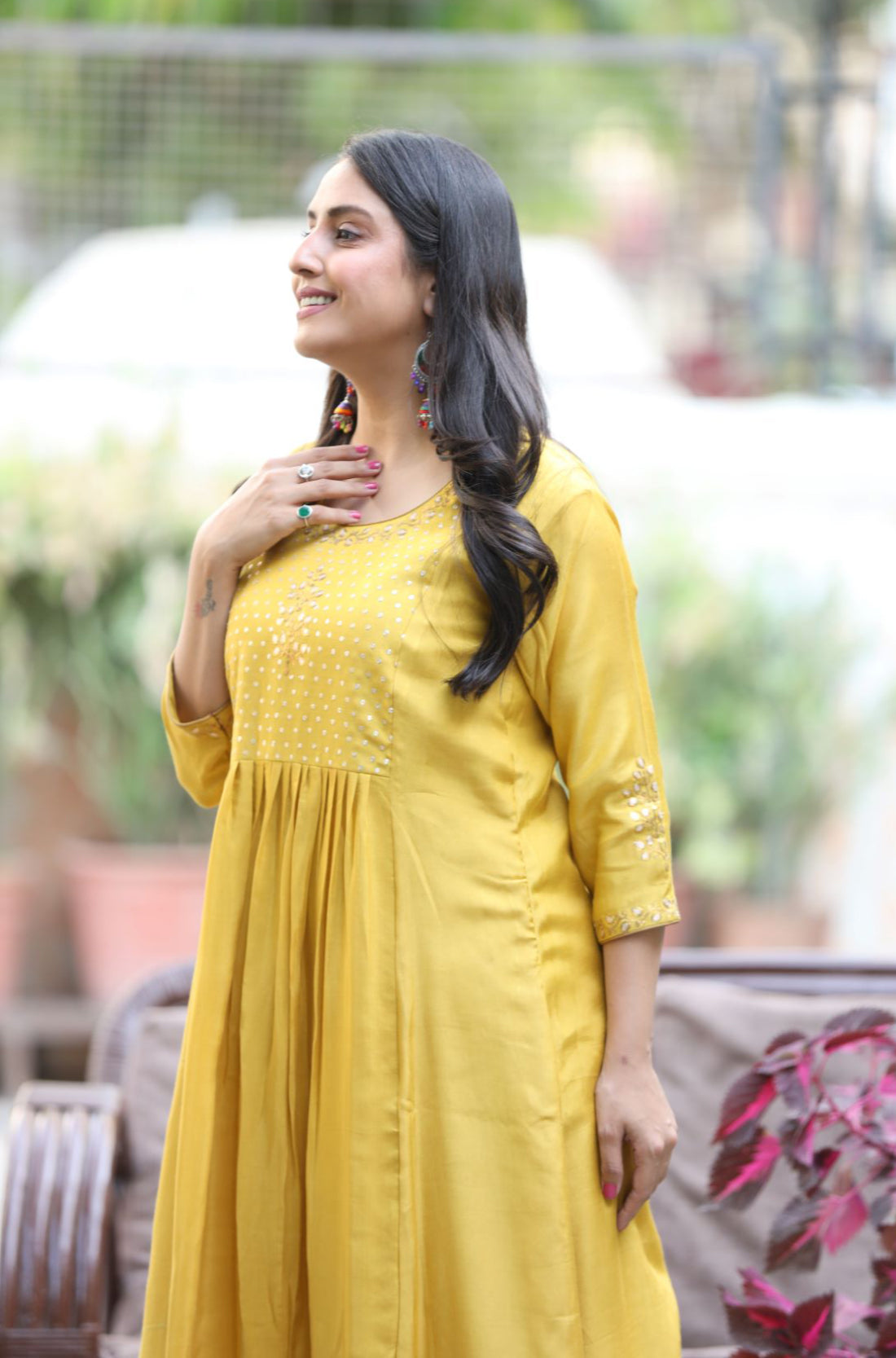 Art silk yellow flared kurta with pant