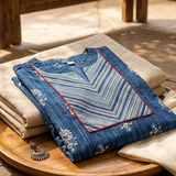 Folded flat lay display of Ytaminz Fashion blue V-neck kurta with chevron pattern and red piping on a wooden tray.