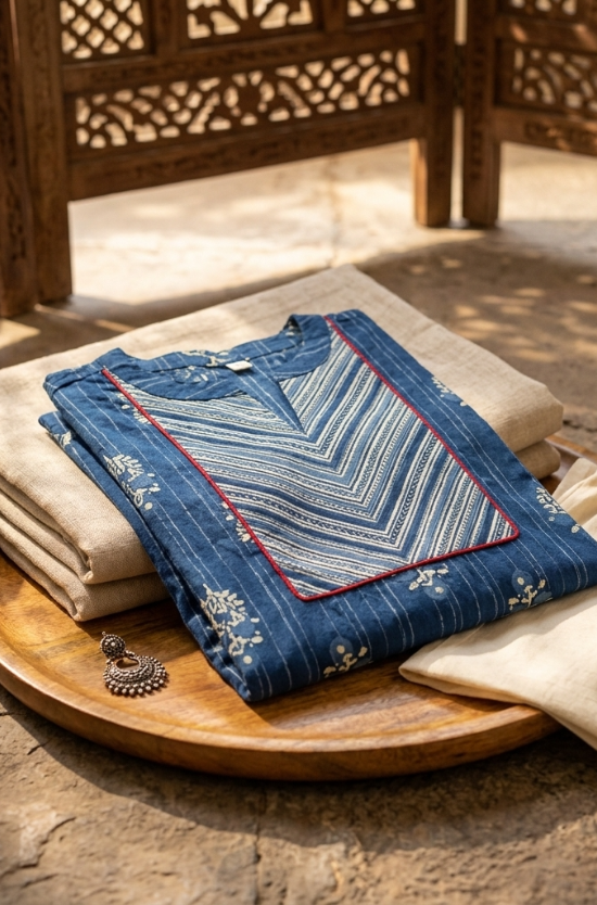 Folded flat lay display of Ytaminz Fashion blue V-neck kurta with chevron pattern and red piping on a wooden tray.